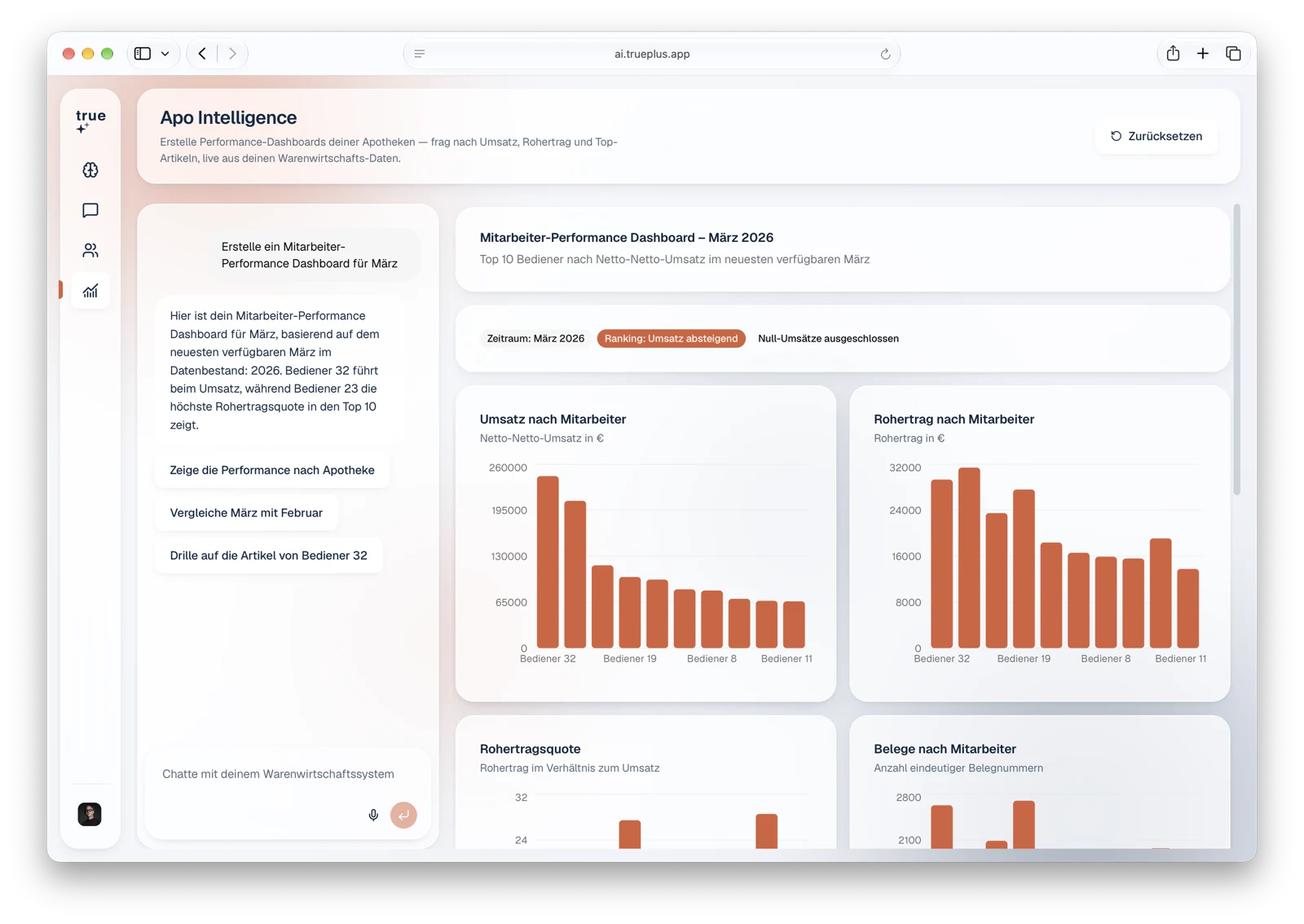 Apo Intelligence in der true+ Anwendung mit einer Frage und einem Dashboard zu Umsatz und Rohertrag.
