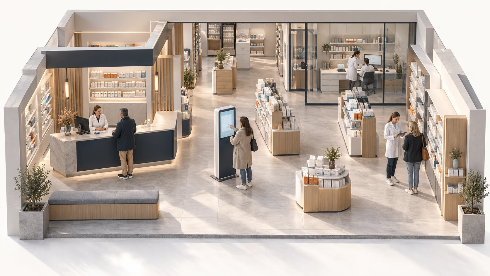 Architekturvisualisierung einer offenen Apotheke mit Beratungstheke, Produktregalen, Touchscreen und einem Backoffice.